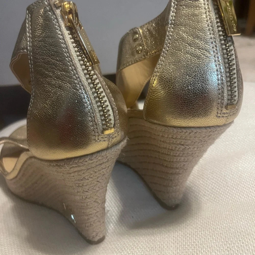 Michael Kors Gold Leather Stiletto Wedge Sandals with Zipper - Picture 2 of 7